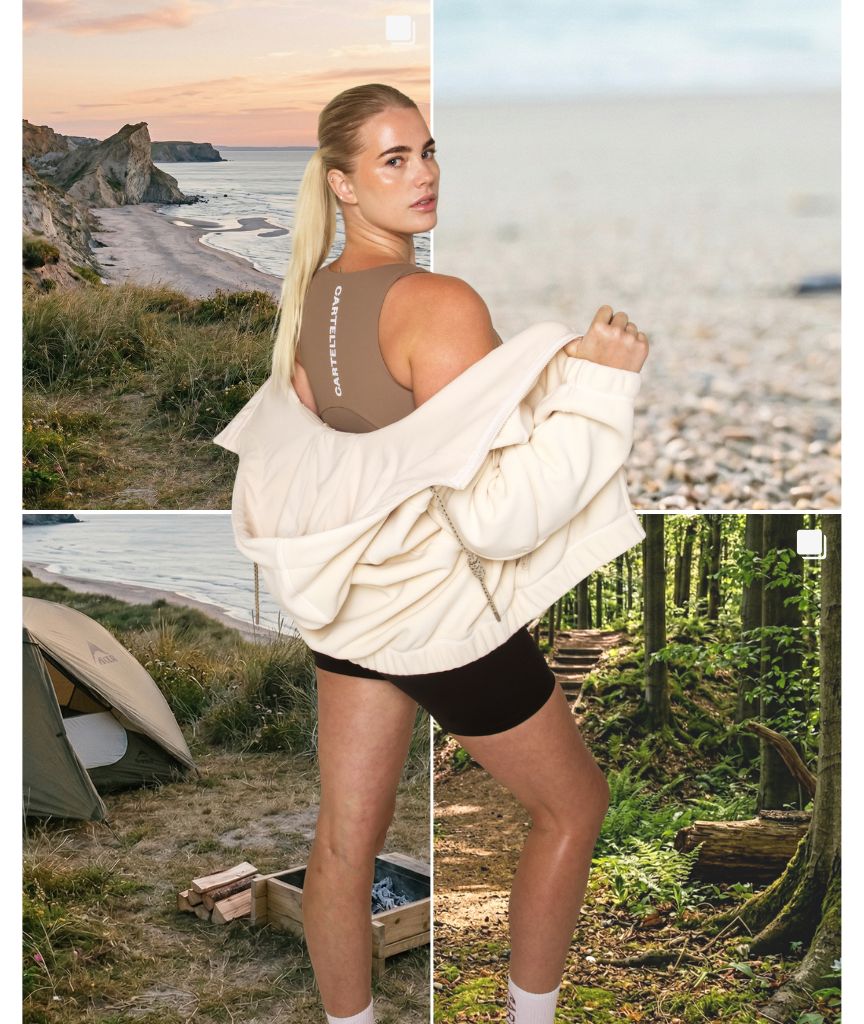 Woman doing yoga wearing core top and power leggings in plum